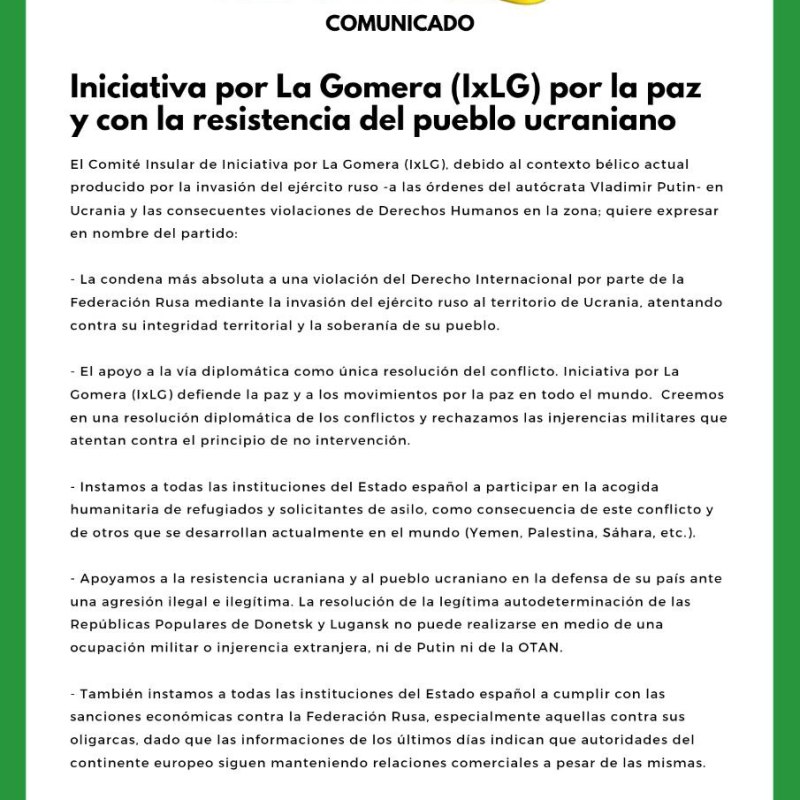 Iniciativa por La Gomera (IxLG) por la paz y con la resistencia del pueblo&nbsp;ucraniano